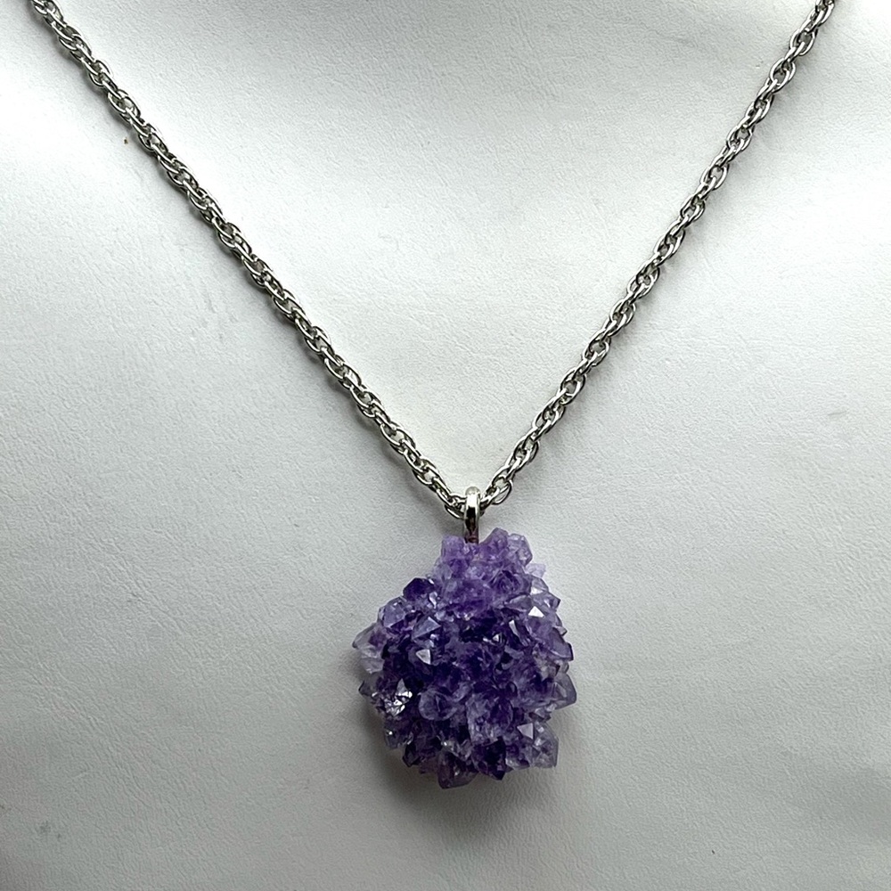 Raw Amethyst Purple Geode Crystal Pendant Necklace -Boho February Birthstone - Picture 2 of 7